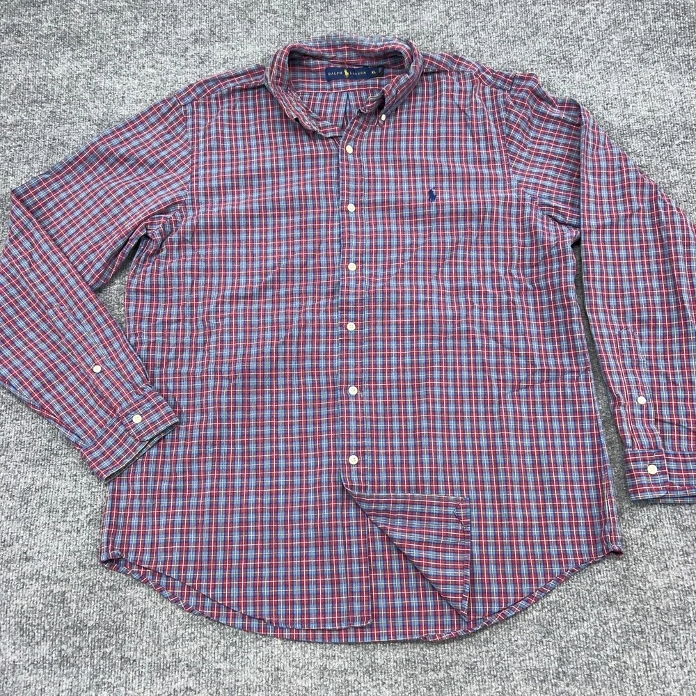 Polo Ralph Lauren Shirt Mens XL Red Blue Check Plaid Long Sleeve Button‎ Down